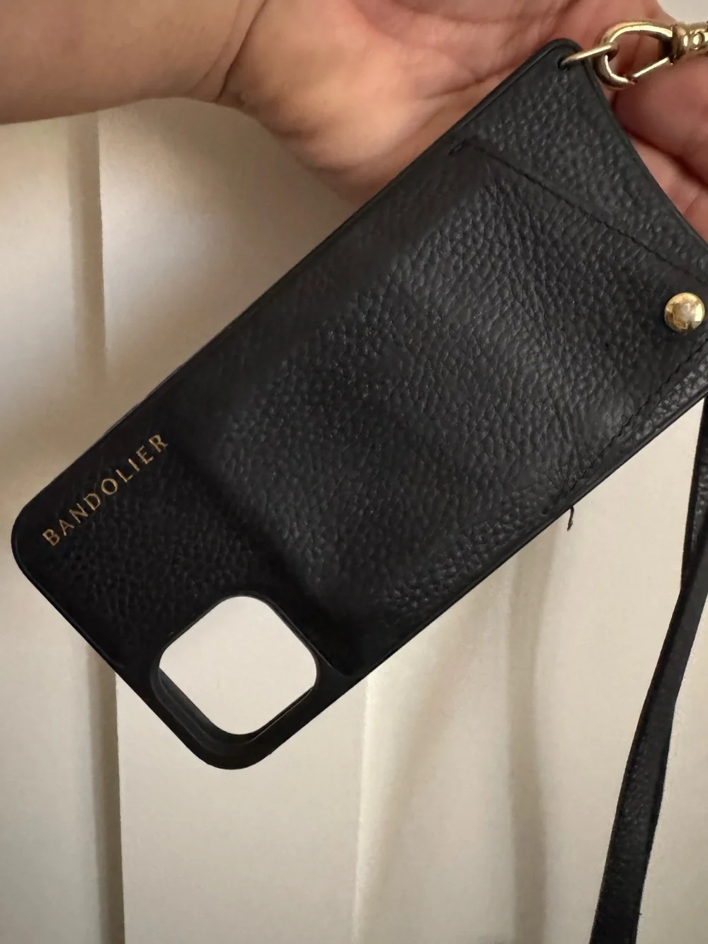 Bandolier Black Pebbled Leather Crossbody Phone Case with Gold Accents